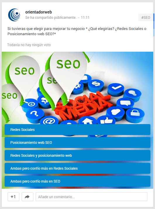 Encuesta google+ Redes Sociales o SEO Orientadorweb